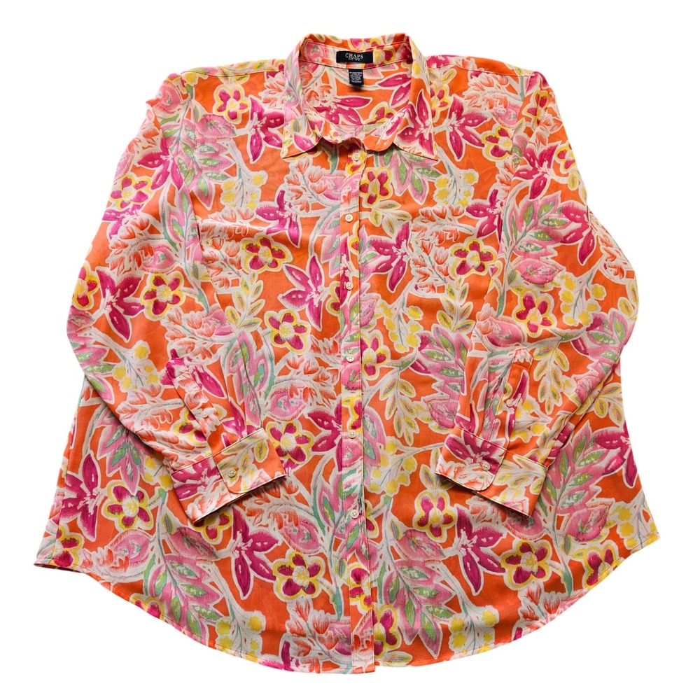 Chaps Women 3X Orange Pink Floral Tropical Long Sleeve Button Down Blouse Shirt